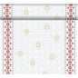Das Dunicel-Tete a Tete 0,4x24m von Duni GmbH zeigt goldene Schneeflocken in der Mitte, rote und grüne Blumenbordüren und einen dezenten weißen Schneeflockenhintergrund - perfekt als eleganter Tischläufer oder Tischdekoration.