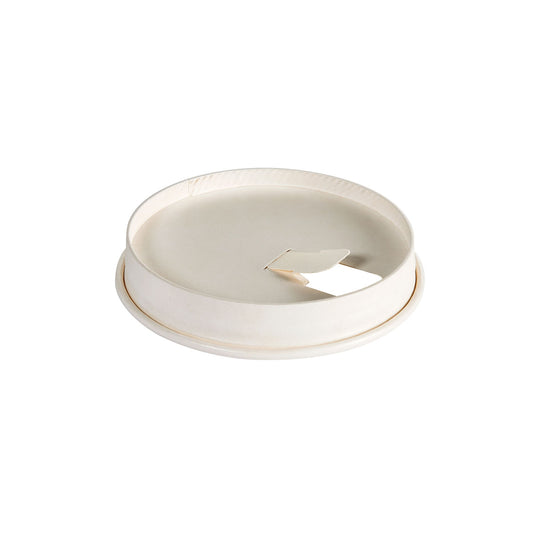 Abgebildet auf weißem Hintergrund ist der Duni GmbH Karton-Deckel für alle Becher 24 cl in Weiß, hergestellt aus Einwegpapier mit perforierter Trinköffnung - ideal für Veranstaltungen; Packung enthält 40 Stück.