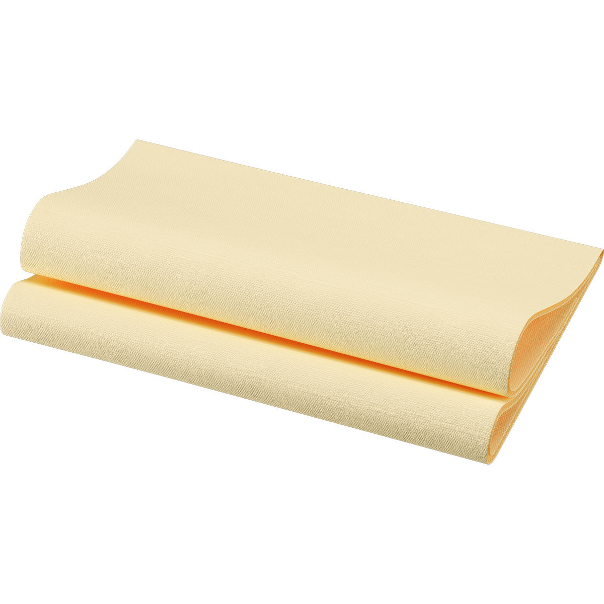 Ein gefalteter Bogen hellgelber, strukturierter Bio-Dunisoft-Servietten 40 x 40 cm 1/4 Falz der Duni GmbH wird auf weißem Hintergrund präsentiert - ideal für luxuriöse und umweltfreundliche Tischdekorationen.
