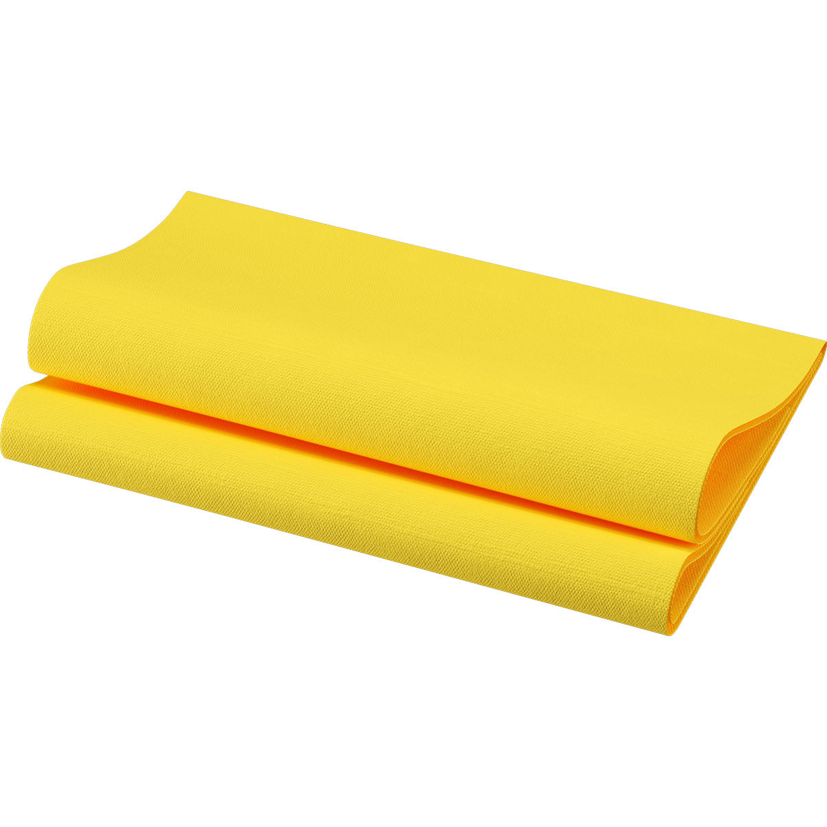 Eine gefaltete gelbe Bio-Dunisoft-Serviette (40 x 40 cm, 1/4 Falz) der Duni GmbH, hergestellt aus biologisch abbaubaren Materialien, wird vor einen schlichten weißen Hintergrund gestellt.