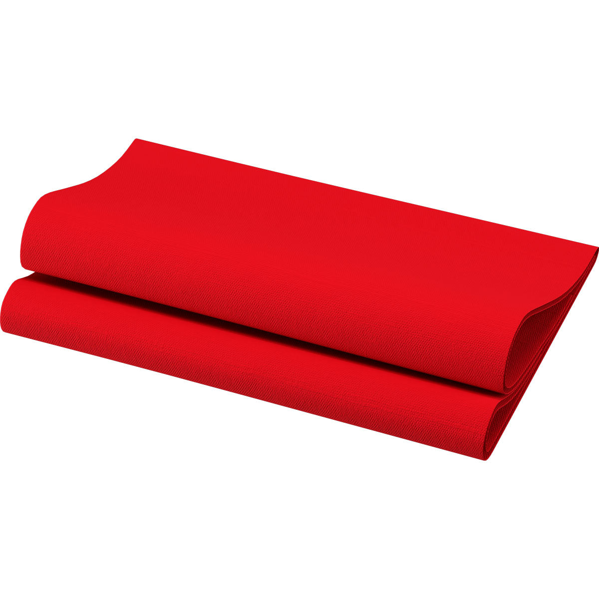 Die rote Bio-Dunisoft-Serviette 40 x 40 cm 1/4 Falz der Duni GmbH ist auf weißem Hintergrund sauber in der Hälfte gefaltet und hat eine strukturierte Oberfläche.