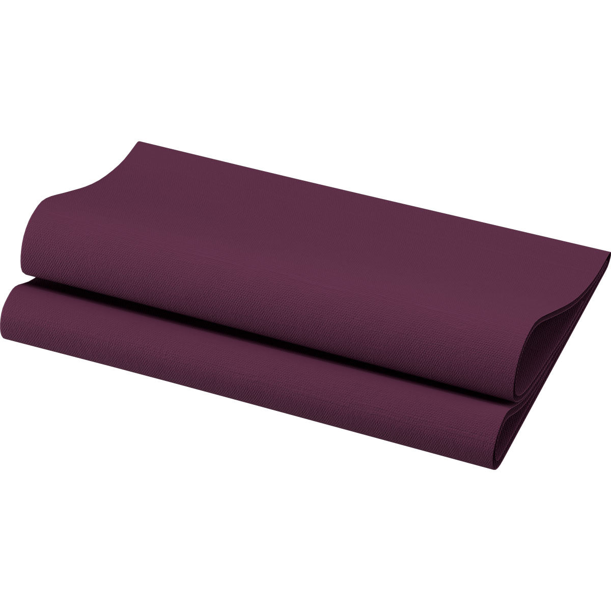 Eine gefaltete, strukturierte Yogamatte in dunklem Violett wird vor einem weißen Hintergrund präsentiert, der die satten Farbtöne der Bio-Dunisoft-Servietten 40 x 40 cm 1/4 Falz der Duni GmbH und deren umweltfreundliches, elegantes Geschirrdesign widerspiegelt.