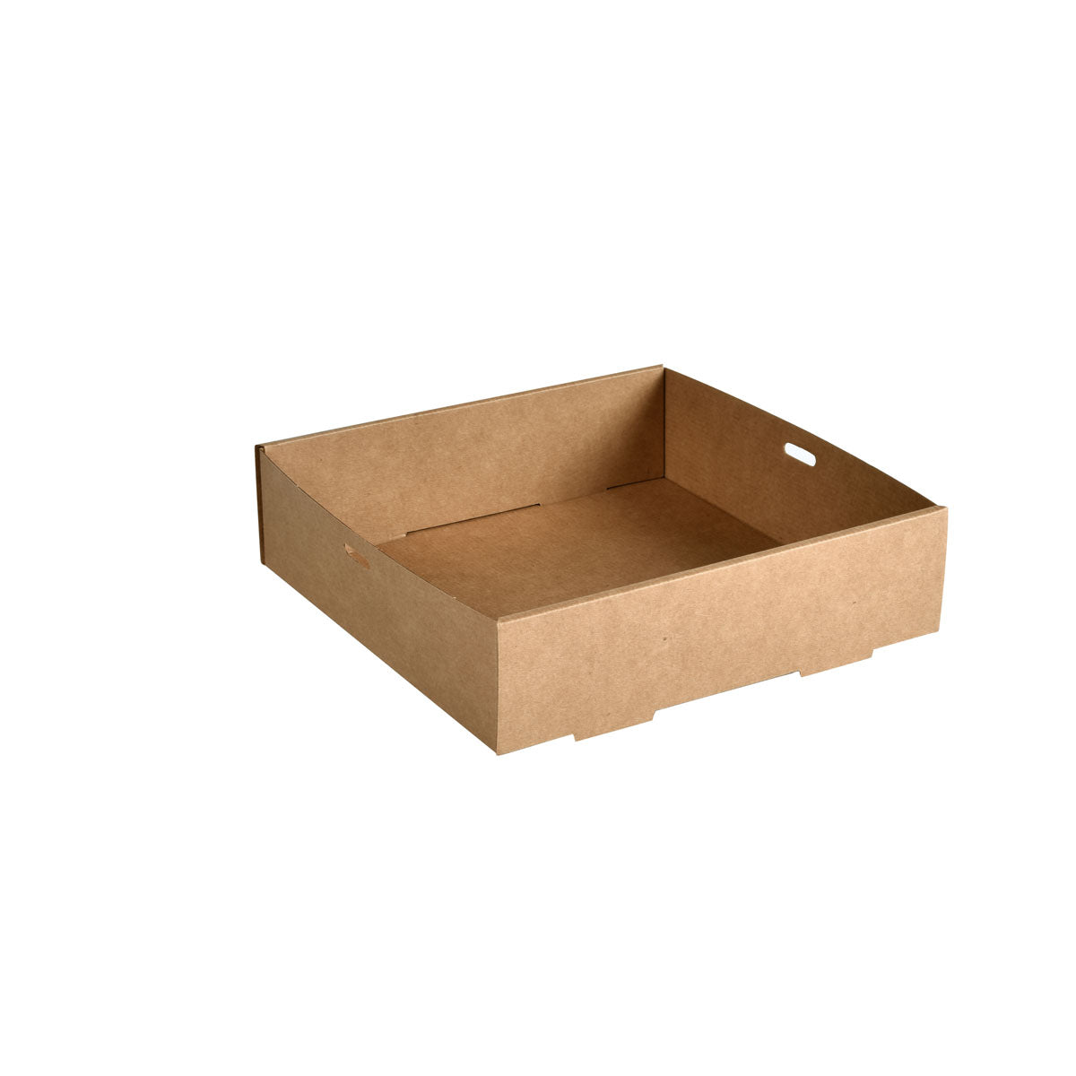 The Duni GmbH Catering Tray Cardboard/PLA in brown (225x225mm, small) is a rectangular, biodegradable, and environmentally friendly tray with a low edge and a grip cutout, made of paper; pack of 100 pieces on a white background.