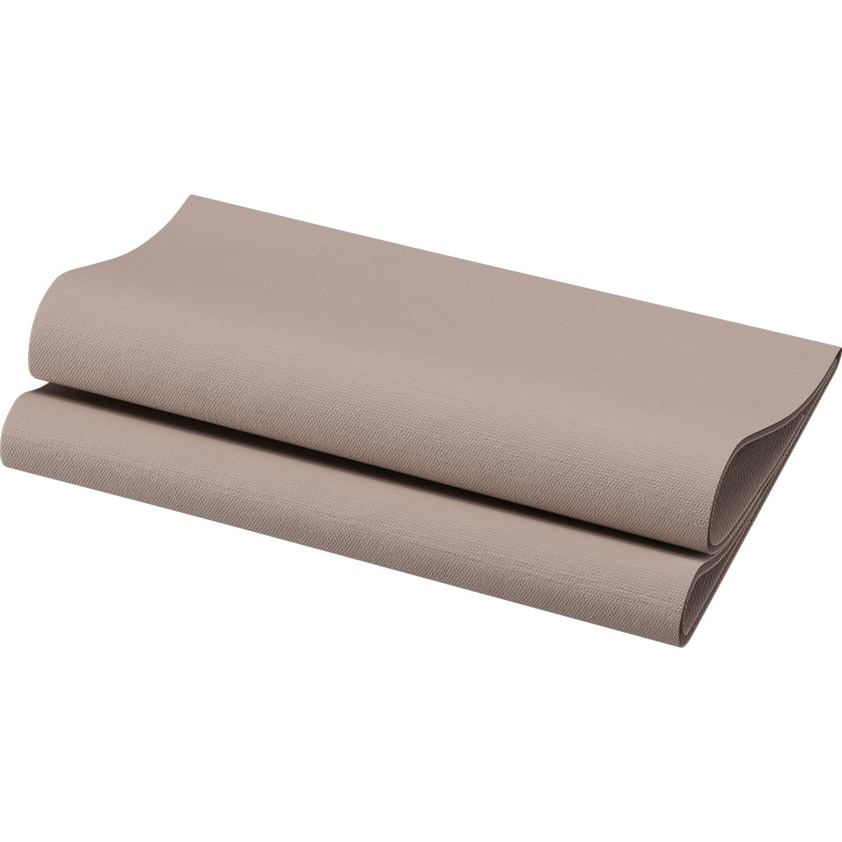 Eine gefaltete taupefarbene Bio-Dunisoft-Serviette 40 x 40 cm 1/4 Falz der Duni GmbH bringt einen luxuriösen Touch auf den Tisch, elegant präsentiert auf einem schlichten weißen Hintergrund.