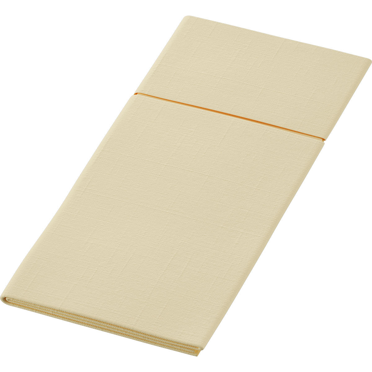 Die Bio Duniletto Slim 400 x 330 mm von Duni GmbH ist eine beigefarbene Stoffserviette, gefaltet und mit einem orangefarbenen Gummiband gehalten, aus nachhaltigen Materialien - perfekt für eine umweltfreundliche Tischdekoration vor einem schlichten weißen Hintergrund.