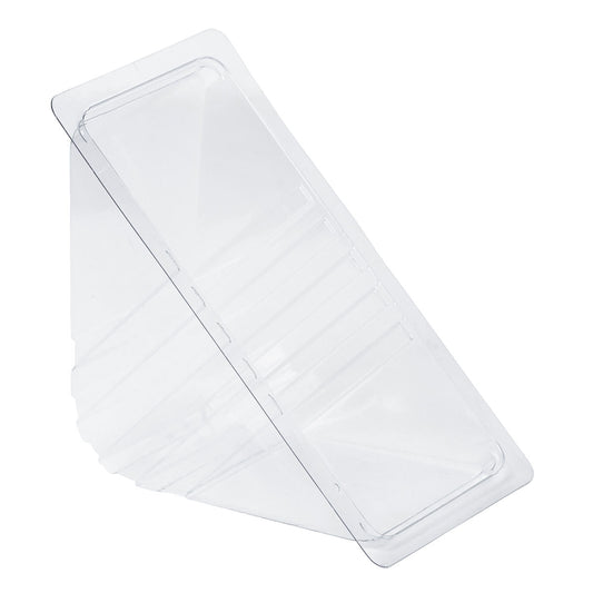 Eine transparente rPET-Sandwichschale (181x96x85 mm) der Duni GmbH, hier leer mit Scharnierdeckel und schräger Ansicht. Konzipiert für ein einzelnes Sandwich, bietet es eine umweltfreundliche Verpackung. Erhältlich in Packungen mit 1000 Stück.