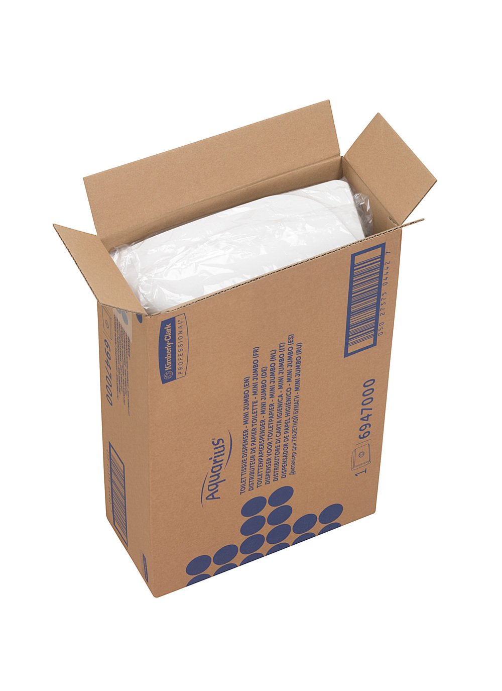 Eine offene braune Schachtel mit der Aufschrift "Aquarius™ Toilet Tissue Spender" von Kimberly-Clark GmbH enthält einen weißen Jumbo Mini Doppelrollen-Spender. Auf der Seite der Schachtel sind blaue Punkte und Produktangaben aufgedruckt.