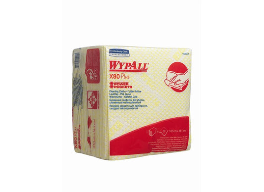 Die WypAll® X80 Plus Critical Clean Interfold (Gelb, 8 Beutel x 30 Tücher) von Kimberly-Clark GmbH hat eine gelbe Verpackung mit Abbildungen und Informationen auf der Vorderseite - ideal für kritische Bereiche.