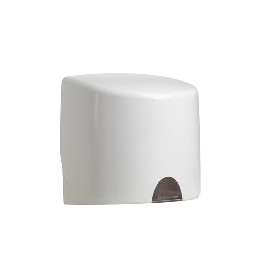 Der Aquarius™ Wischtuch-Spender - Zentralentnahme / Weiß - von Kimberly-Clark GmbH ist ein weißer, wandmontierter Spender mit abgerundeter Oberseite und kleiner Öffnung für die hygienische Tuchentnahme; das Kimberly-Clark-Logo befindet sich in der Nähe der Öffnung.
