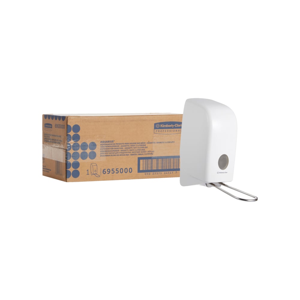A white Aquarius™ dispenser for wash lotions (1 Ltr) from Kimberly-Clark GmbH stands next to a brown box with blue lettering on a plain white background.