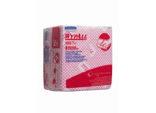 Eine rote Packung Kimberly-Clark GmbH WypAll® X80 Plus Critical Clean, viertelgefaltete Tücher (8 Beutel x 30 Blatt), für kritische Reinigungsaufgaben, mit sichtbarem Produktbranding und Beschreibung auf der Vorder- und Rückseite.