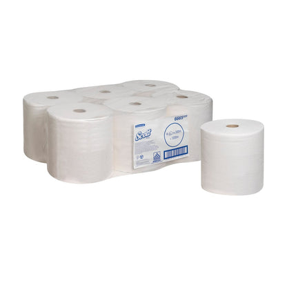 A pack of six Scott® PERFORMANCE towels (Kimberly-Clark GmbH), five wrapped in clear plastic and one unwrapped, standing upright on a white background with visible product label.