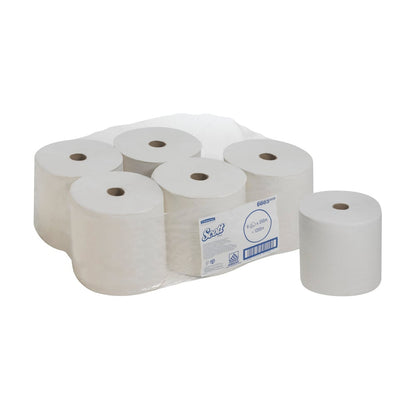 A pack of six Scott® PERFORMANCE towels - Roll / White from Kimberly-Clark GmbH - five rolls in clear plastic, one of them unwrapped - on a plain white background.