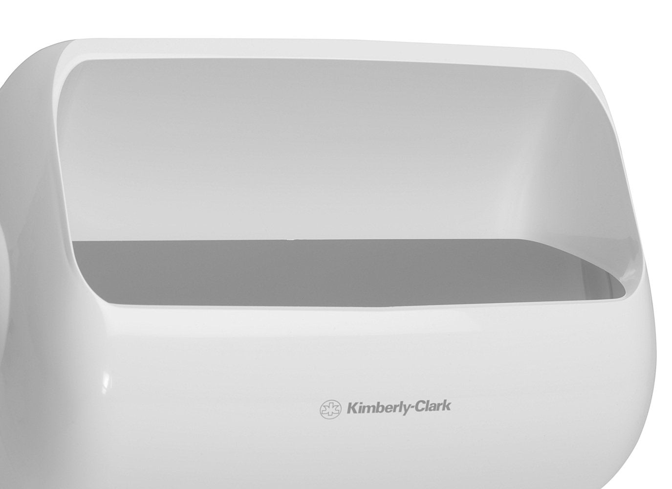 Eine Nahaufnahme von zwei weißen Kimberly-Clark Aquarius™ Abfallbehältern (Kunststoff, Mittel), die für eine effiziente Abfallentsorgung in öffentlichen Toiletten entwickelt wurden. Das Set enthält 2 Abfallbehälter pro Karton.