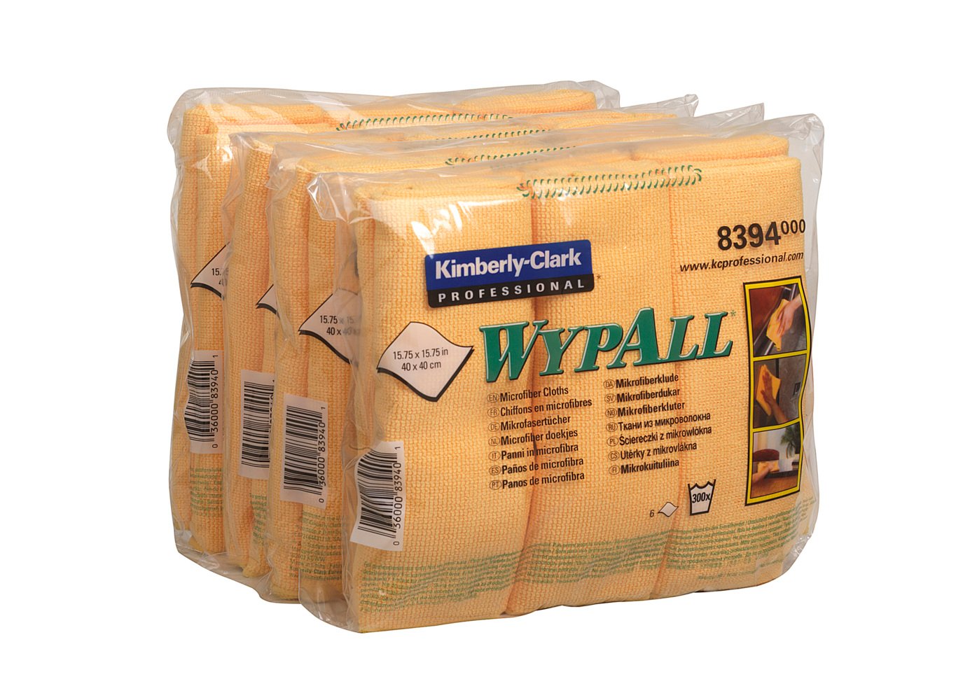 Abgebildet ist eine in Kunststoff verpackte Packung WypAll® Mikrofasertücher - flaches Tuch (40 x 40 cm) der Kimberly-Clark GmbH mit drei gelben Stoffverpackungen, auf deren Vorderseite sichtbare Produktangaben und Hinweise zu finden sind.