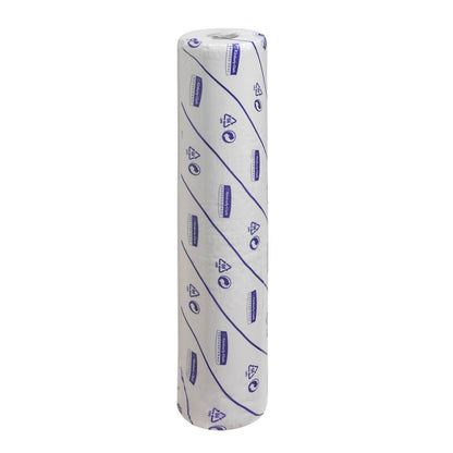 A roll of Scott® EXTRA medical rolls - White from Kimberly-Clark GmbH with blue printed symbols and text stands upright on a white background; it is often used as medical packaging film in the clinical area.