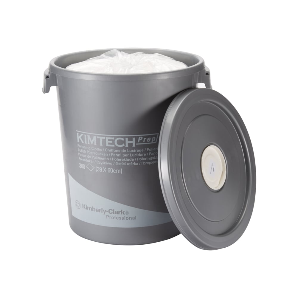 Der Kimtech® Poliertücher Spendereimer der Kimberly-Clark GmbH ist ein grauer Kunststoffeimer mit der Aufschrift "Kimtech Prep", der 300 weiße Einwegtücher (29 x 60 cm) für die Oberflächenreinigung enthält.