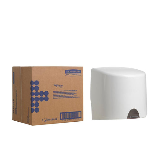 Ein Karton mit der Aufschrift "Kimberly-Clark GmbH" steht neben einem weißen Aquarius™ Wischtuch-Spender - Zentralentnahme, ideal für hygienische Tuchentnahme, auf einem schlichten weißen Hintergrund.