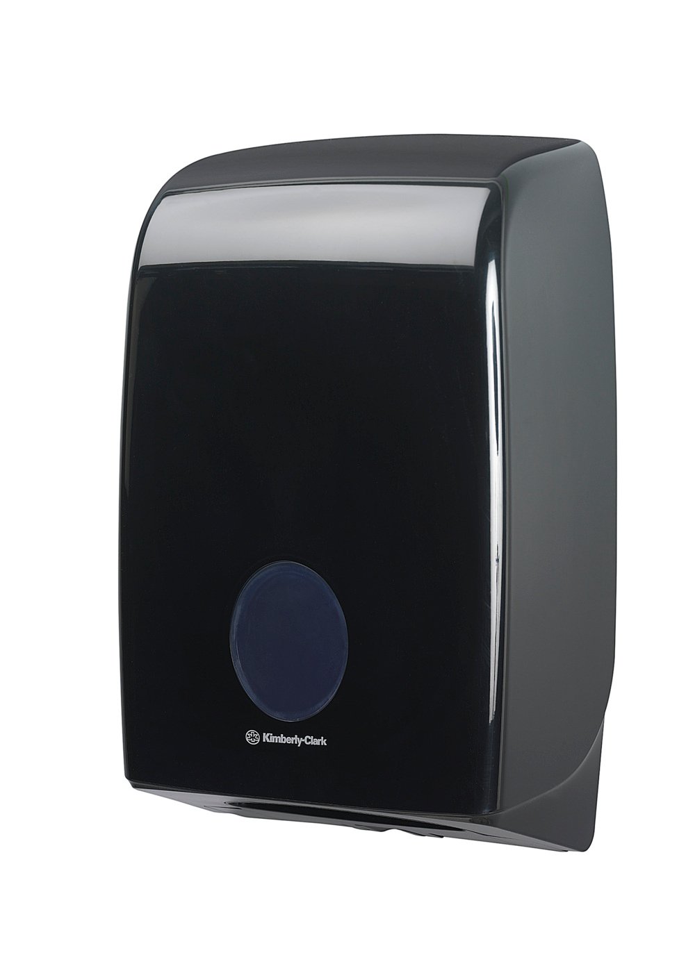 Der schwarze Aquarius™ Spender für gefaltete Handtücher (Interfold) von Kimberly-Clark GmbH verfügt über eine runde Frontöffnung und ein Logo darunter und ist für die Wandmontage vorgesehen. 1 Spender pro Karton, abgebildet auf weißem Hintergrund.