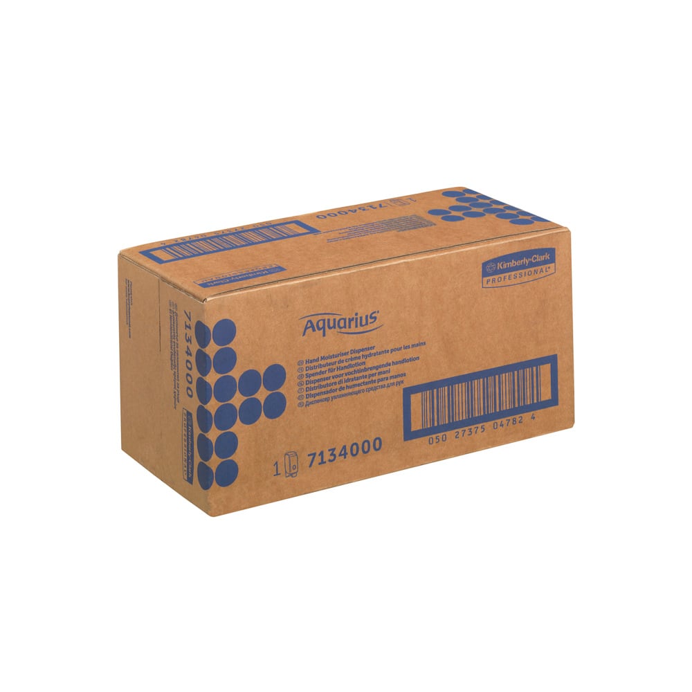 Ein weißer Aquarius™ Hand Moisturiser Dispenser (1 L) der Kimberly-Clark GmbH ist in einer versiegelten Schachtel mit blauen Grafiken und Barcodes abgebildet und für die hygienische Handpflege konzipiert.