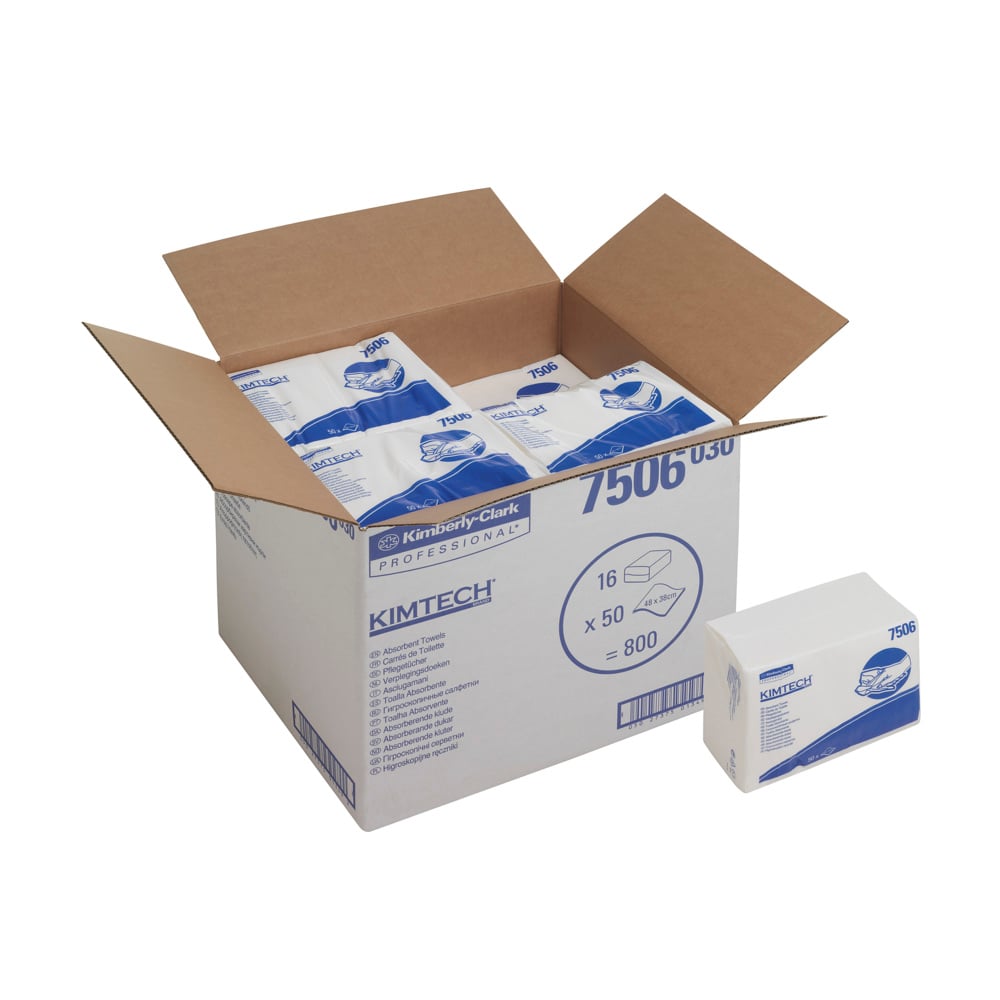Ein offener Karton von Kimberly-Clark GmbH zeigt Kimtech® Saugfähige Pflegetücher, Z-faltig, weiß, 16 Beutel à 50 Tücher; ein einzelner Beutel mit der markanten weißen und blauen Verpackung liegt daneben.