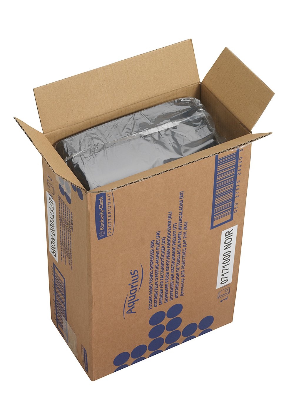 Ein offener Aquarius™ Spender für gefaltete Handtücher - Interfold von Kimberly-Clark GmbH in schwarz, verpackt in einem Karton mit blauer Grafik, ideal als Spender für gefaltete oder interfold Handtücher.