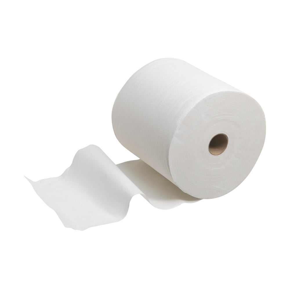 A single roll of Scott® PERFORMANCE towels from Kimberly-Clark GmbH in white, ideal for hygienic and environmentally friendly daily use - 6 rolls per carton, each with high performance and sustainability.