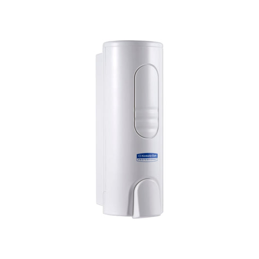 Der Kimberly-Clark GmbH Professional™ Spender für Luxuriöse Schaumseife (weiß, 200ml) mit Schubhebel und blauem Etikett ist ideal für moderne Waschräume; hier als einzelner Wandspender vor weißem Hintergrund abgebildet.
