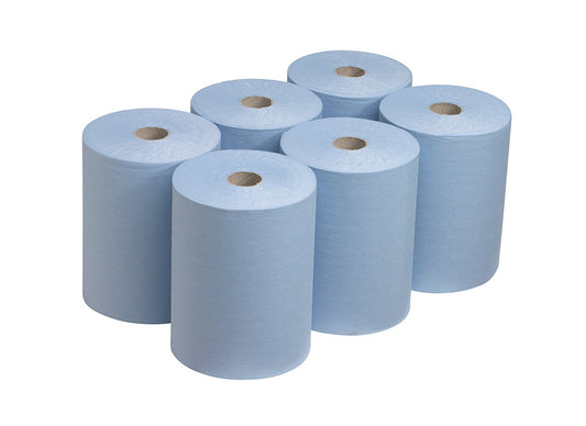Sechs Scott® Slimroll™ Handtücher von Kimberly-Clark GmbH sind in zwei Reihen auf weißem Hintergrund angeordnet. Jede Rolle hat einen sichtbaren Kartonkern und bietet eine platzsparende Lösung für den industriellen Gebrauch.