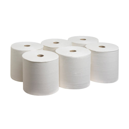 Six white Scott® PERFORMANCE towel rolls from Kimberly-Clark GmbH are arranged in two rows of three on a plain background, thus emphasizing sustainability and hand hygiene equally. Carton contains 6 rolls x 1 sheet.