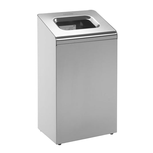 Der Kimberly-Clark Professional™ Abfallbehälter - Metall/Edelstahl/Mittel von Kimberly-Clark GmbH zeichnet sich durch eine große, abgerundete obere Öffnung aus, die sich ideal als Abfallkorb Büro eignet, abgebildet auf einem schlichten weißen Hintergrund.
