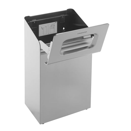 Ein Händetrockner aus Edelstahl mit rechteckiger Frontöffnung und modernem Design, der den Kimberly-Clark Professional™ Abfallbehälter Edelstahl (1 Bin) von Kimberly-Clark GmbH in modernen Waschräumen perfekt ergänzt.