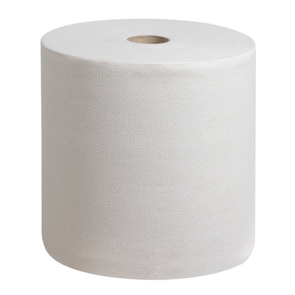A large, white Scott® PERFORMANCE towel roll from Kimberly-Clark GmbH stands upright on a plain background - perfect for promoting hand hygiene in an environmentally friendly way. 6 rolls per carton.