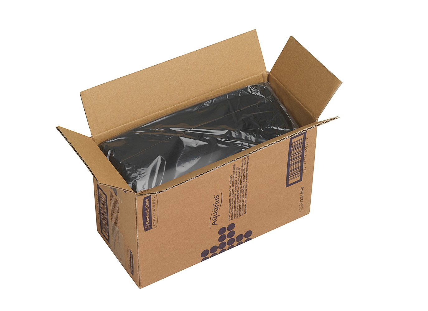 Eine offene Pappschachtel mit aufgedruckten Grafiken zeigt im Innern einen in schwarzem Kunststoff verpackten Aquarius™ Toilettenpapierspender (18,00 x 29,80 x 12,80 cm) von Kimberly-Clark GmbH vor einem schlichten weißen Hintergrund.