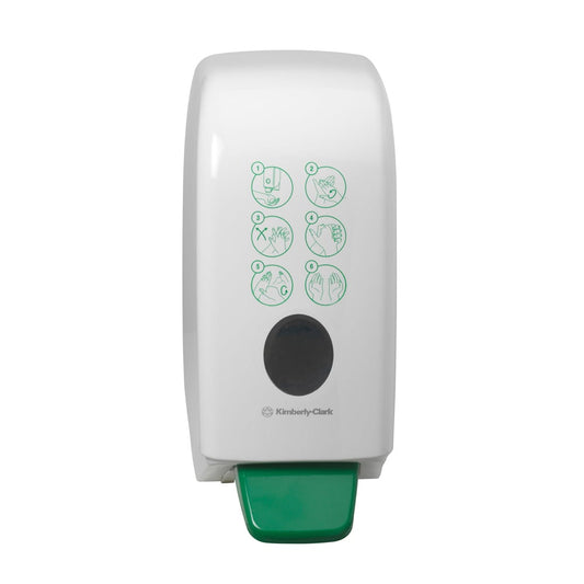 Der Aquarius™ Hand Moisturiser Dispenser von Kimberly-Clark GmbH ist ein weißes, wandmontiertes 1-Liter-Gerät mit einem grünen Druckhebel und sechs illustrierten Hygieneanweisungen auf der Vorderseite.
