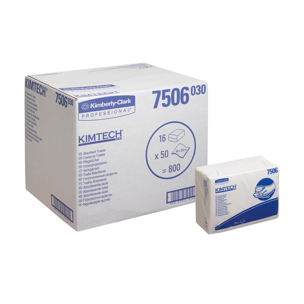 A large white box labeled "Kimberly-Clark GmbH Discontinued Item: Kimtech® Absorbent Care Wipes - Z Folded / White, 16 x 50 Pieces" stands next to a smaller package, both intended for professional use.