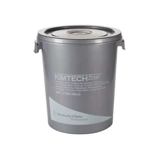 Ein weißer "Kimtech® Poliertücher" Spendereimer der Kimberly-Clark GmbH fasst 300 Blatt für die Oberflächenreinigung und ist mit seitlichen Griffen und einem versiegelten Deckel ausgestattet.
