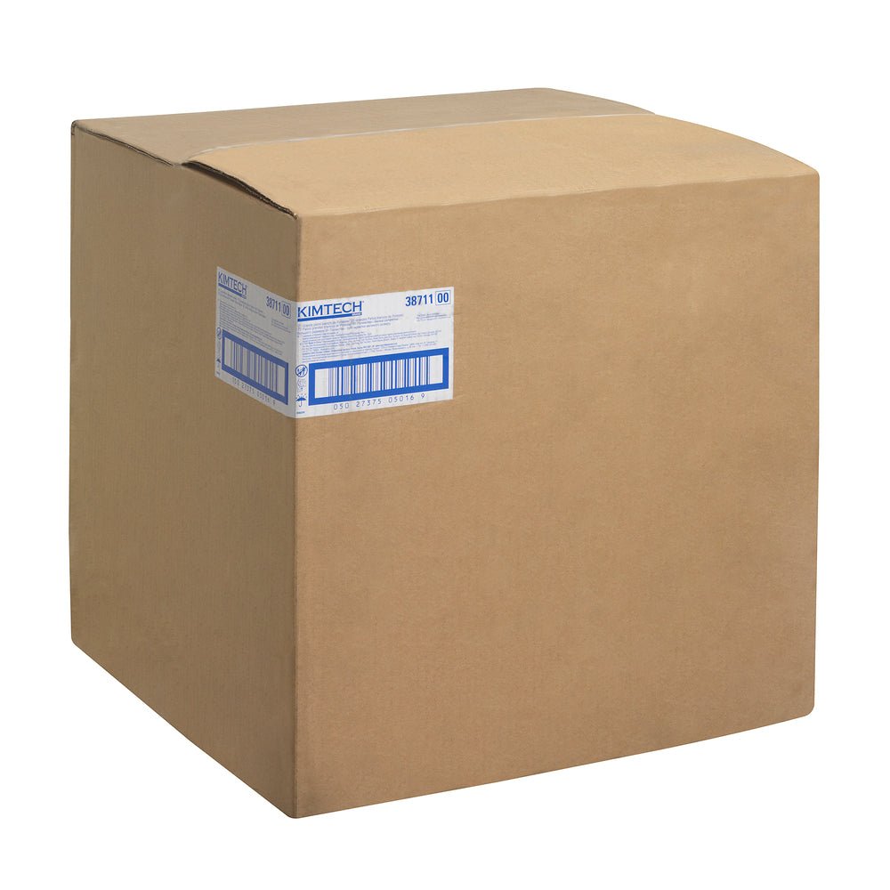 A large, plain brown box with the inscription "Kimtech® Polyester - flat cloth / White / Large - 8 packages x 50 sheets | Box (8 packs)" from Kimberly-Clark GmbH, ideal for professional cleaning, stands on a white background.