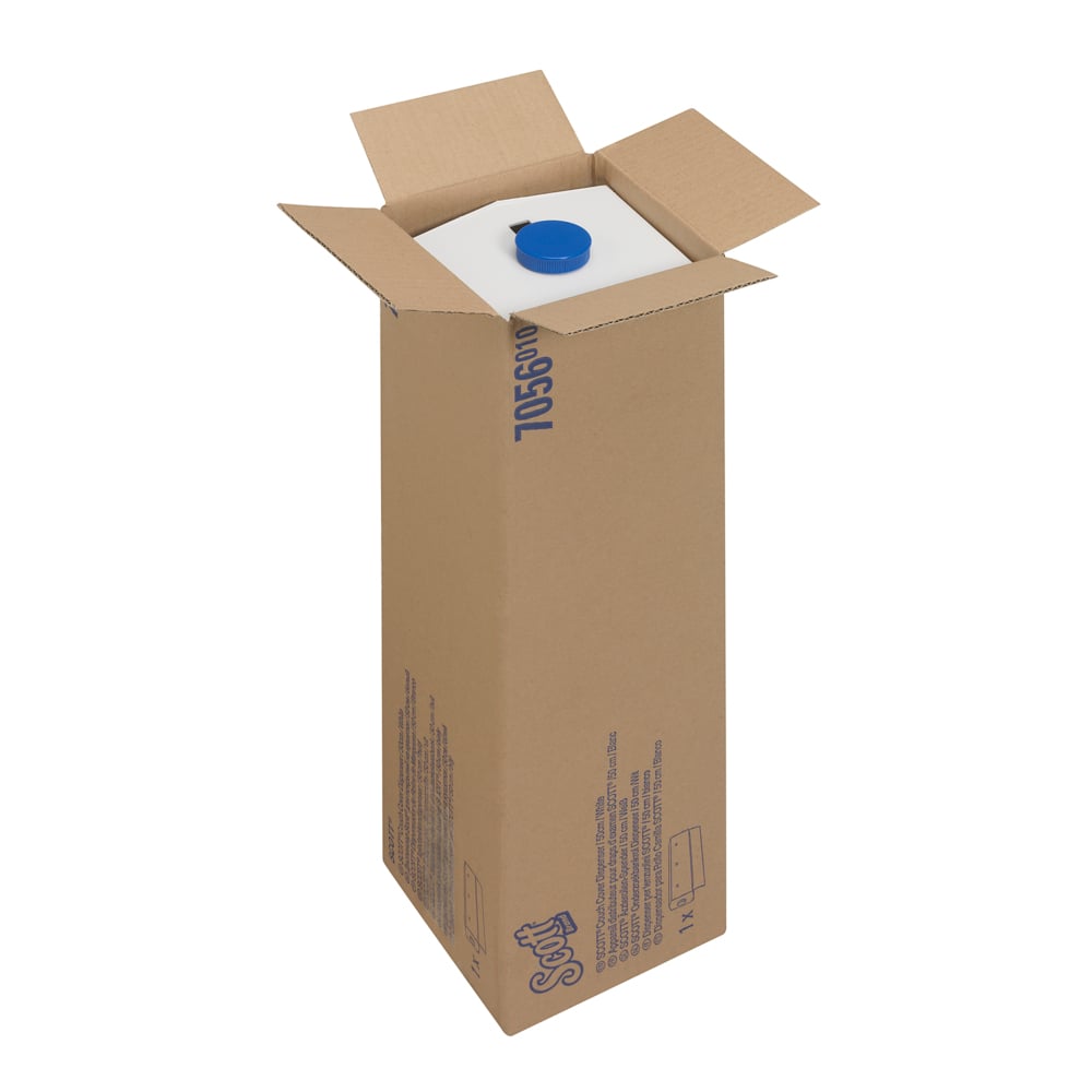 In einer offenen hohen Pappschachtel befindet sich ein weißer Scott® Wischtuch-Spender (Couch Cover/50 cm) der Kimberly-Clark GmbH mit einer blauen runden Kappe; auf den Schachtelseiten sind Produktinformationen und Grafiken aufgedruckt.