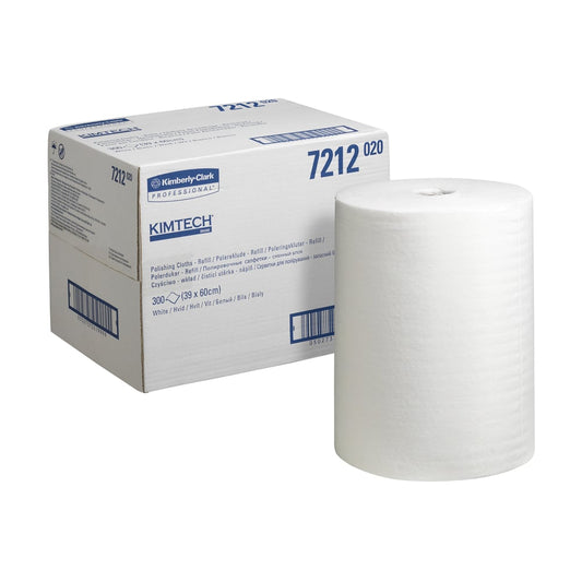 Eine große weiße Rolle Kimtech® Poliertücher (Nachfüllpack, 300 Blatt) liegt neben der rechteckigen Schachtel mit den Produktdetails und dem Logo der Kimberly-Clark GmbH.