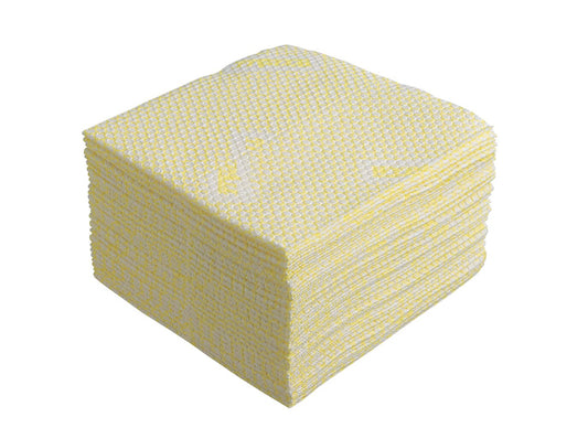 Ein Stapel WypAll® X80 Plus Critical Clean Interfold Reinigungstücher in Gelb von Kimberly-Clark GmbH, strukturiert und würfelförmig angeordnet, ideal für kritische Bereiche - 8 Beutel mit je 30 Tüchern im Karton.