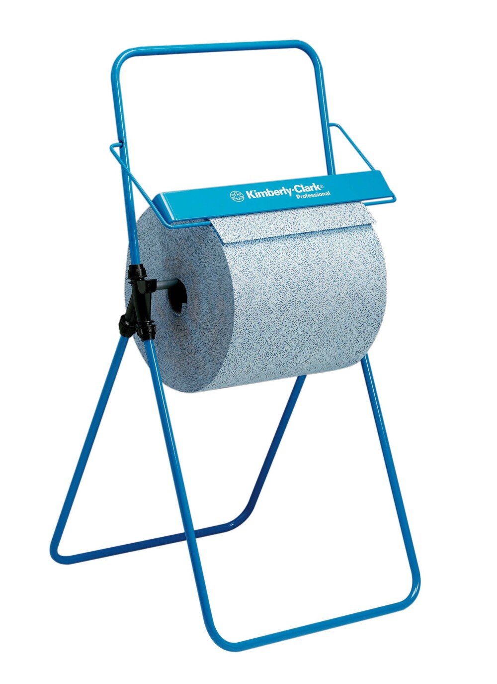 Der Kimberly-Clark Professional™ Bodenständer für Wischtuchrollen (Großrolle, Blau) von Kimberly-Clark GmbH hält eine große Rolle Wischtücher und verfügt über einen Griff sowie eine beschriftete Abrissstange für einfaches Abreißen.