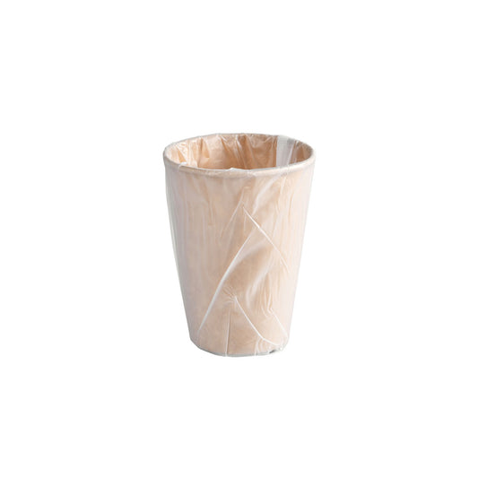 Ein beiger Abfalleimer mit transparentem Innenbehälter, ideal für die Entsorgung von Duni GmbH Becher für Spender 210 ml PAP/PLA (braun, einzeln im PLA-Beutel, 500 Stück), nach hygienischer Handdesinfektion; abgebildet auf weißem Hintergrund.