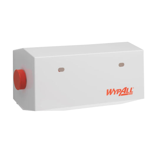 Der WypAll® Wischtuch-Spender der Kimberly-Clark GmbH ist ein weißer, wandmontierter Spender für Kleinrollen (25 cm) mit rotem Seitenknauf, zwei Befestigungslöchern an der Vorderseite und einem orangen WypAll-Logo unten rechts. 1 Spender pro Karton.