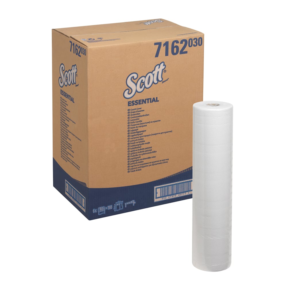 Eine braune Schachtel mit der Aufschrift "Scott® ESSENTIAL™ Ärzterollen - Weiß" der Kimberly-Clark GmbH ist mit einer einzelnen weißen Rolle abgebildet. Der Karton ist mit blauen Produktangaben und Barcodes versehen und eignet sich ideal für den hygienischen Einsatz in medizinischen Einrichtungen.