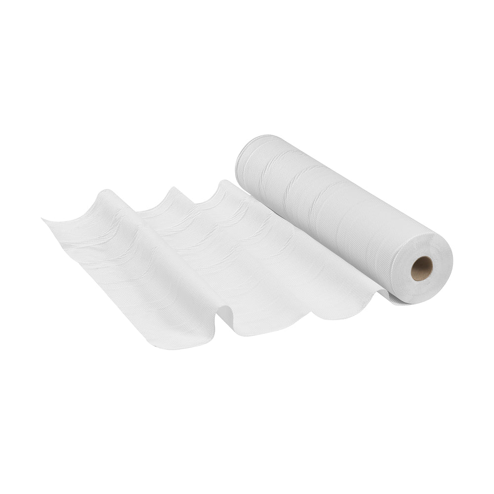 Eine Rolle Scott® ESSENTIAL™ Ärzterollen - Weiß von Kimberly-Clark GmbH wird teilweise abgerollt und gibt den Blick auf perforierte weiße Einwegtücher frei - perfekt für den Einsatz in medizinischen Einrichtungen als praktische Ärzterollen.