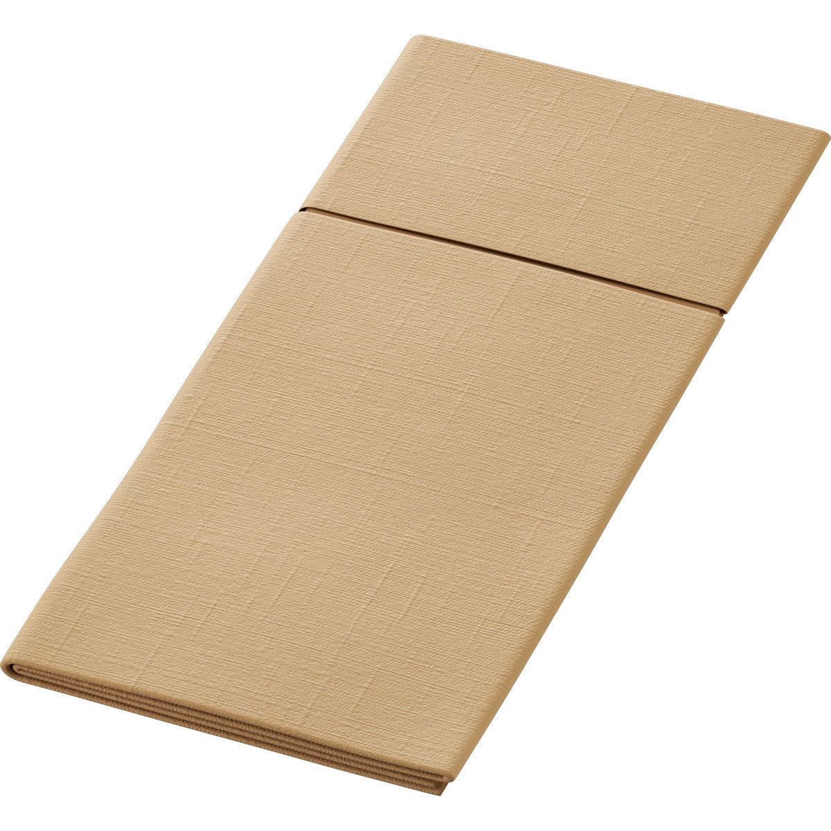 Die Bio Duniletto Slim 400 x 330 mm von Duni GmbH ist eine gefaltete, rechteckige, beigefarbene Matte aus nachhaltigen Materialien mit einem dezenten Strukturmuster auf weißem Hintergrund.