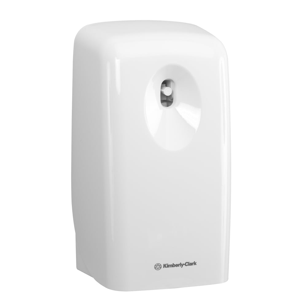 Ein weißer automatischer Lufterfrischer-Spender von Kimberly-Clark mit einer Frontdüse, der langanhaltende Frische bietet und mit Kleenex® Duft Joy Nachfüllpack (Transparent, 300 ml - 6 Kassetten | Karton) kompatibel ist.