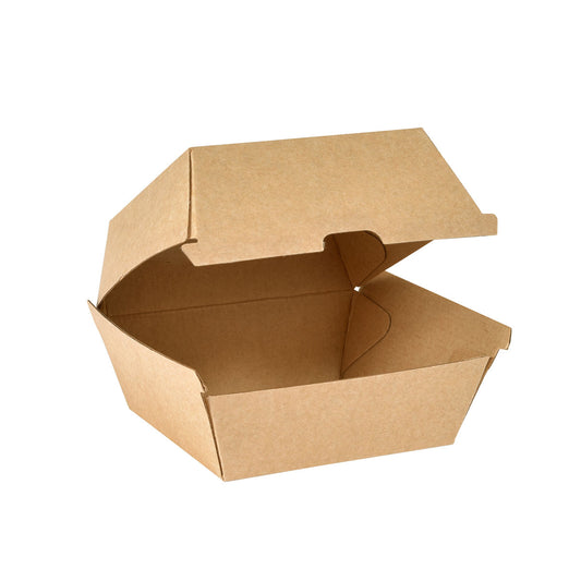 Ein großer brauner BioPak Clam Box Hamburger Takeout-Behälter der Duni GmbH, FSC-Karton 125x125x80 mm, mit geöffnetem Deckel, abgebildet vor einem weißen Hintergrund. Packung mit 35 Stück.
