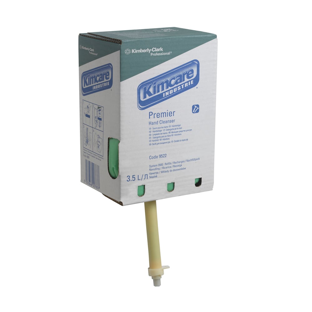Ein 3,5-Liter-Beutel Scott® Industrial Waschlotion von Kimberly-Clark GmbH (grün, 2 Kartuschen pro Schachtel), mit Marken- und Produktangaben auf der weiß-blauen Verpackung.